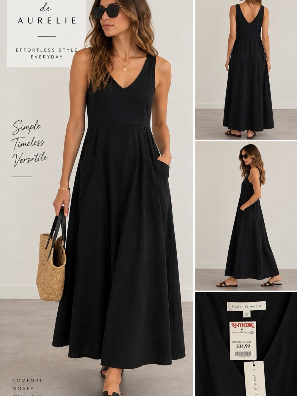 Maison de Aurelie Black V-Neck Maxi Dress with Pockets